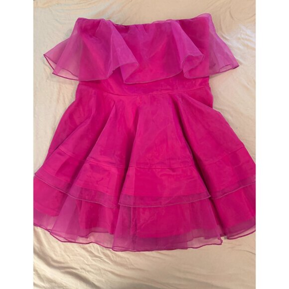 Lulus Magenta Organza Ruffled Strapless Mini Dress Pink - Size L - Picture 6 of 7